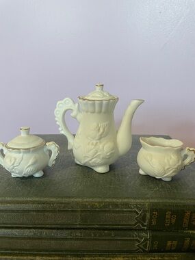 Vintage White Ceramic Mini Tea Set with Gold Trim